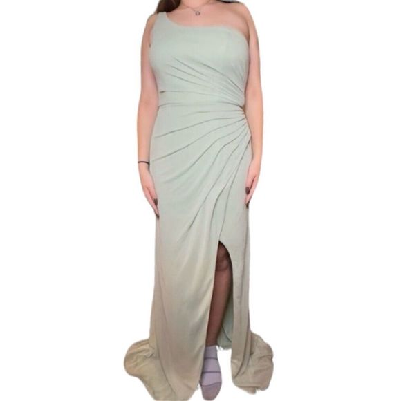 Azazie Dusty Sage One Shoulder Gown - Picture 2 of 12